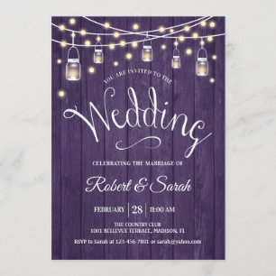 Rustic Purple Wood & Lights Wedding Invitation