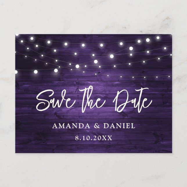 Rustic Purple Wood Lights Wedding Save The Date Announcement Postcard (Front)