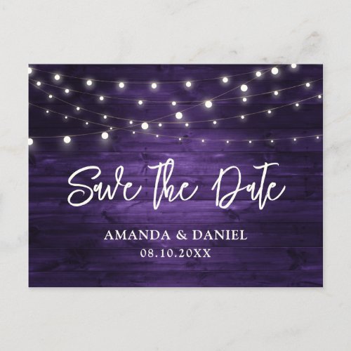 Rustic Purple Wood Lights Wedding Save The Date Announcement Postcard
