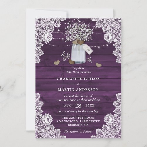 Rustic Purple Wood Mason Jar Cute Floral Wedding Invitation