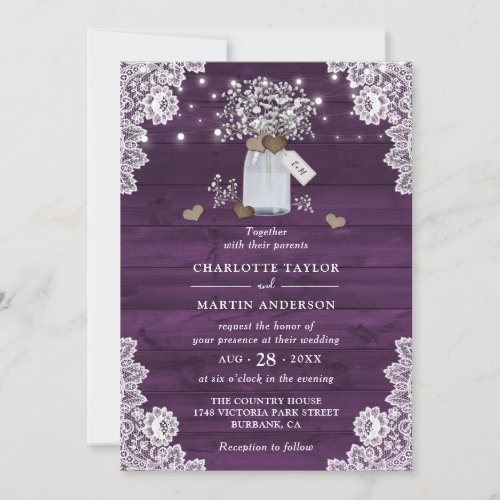 Rustic Purple Wood Mason Jar Floral Wedding Invitation