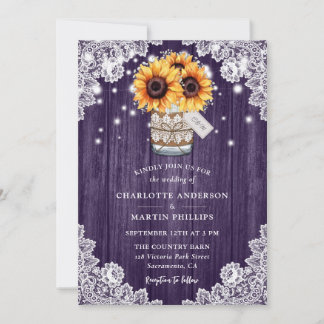 Rustic Purple Wood Mason Jar Sunflower Wedding Invitation