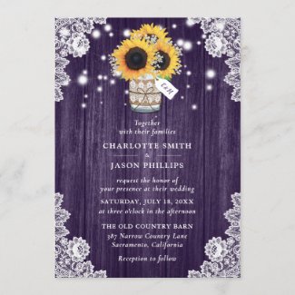 Rustic Purple Wood Mason Jar Sunflower Wedding Invitation