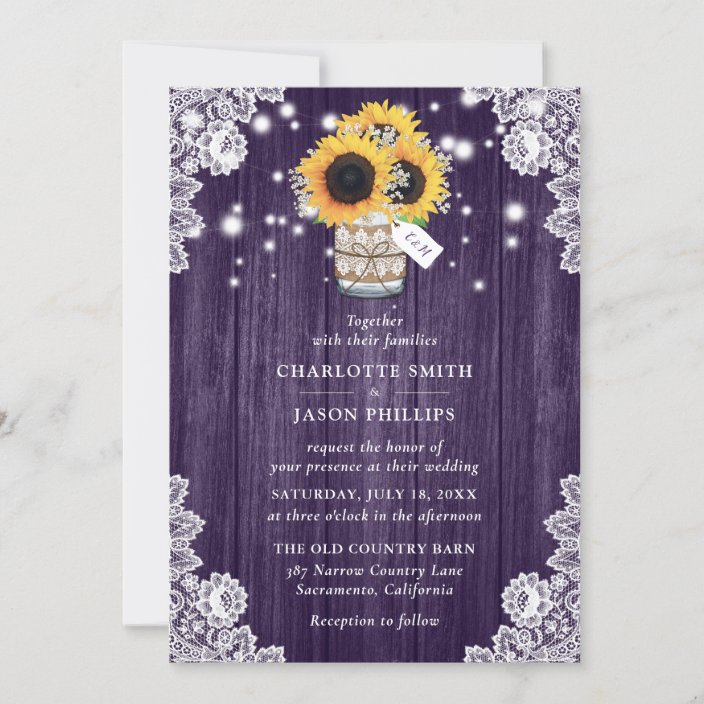 Rustic Purple Wood Mason Jar Sunflower Wedding Invitation