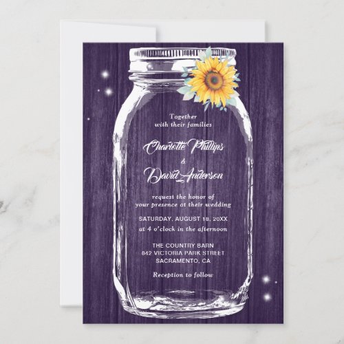 Rustic Purple Wood Mason Jar Sunflower Wedding Invitation