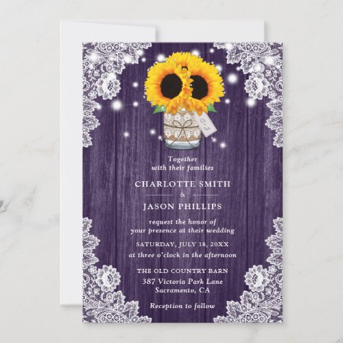 Rustic Purple Wood Mason Jar Sunflower Wedding Invitation