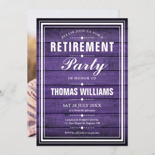 Rustic Purple Wood Panels Photo Retirement Party Invitation