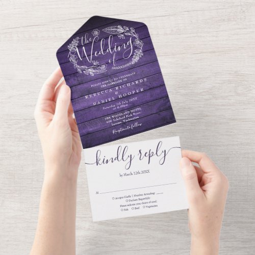 Rustic Purple Wood Script Monogram Floral Wedding All In One Invitation