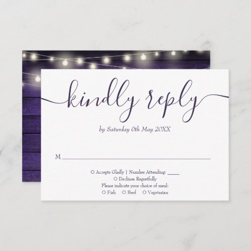 Rustic Purple Wood String Lights Floral Script RSVP Card