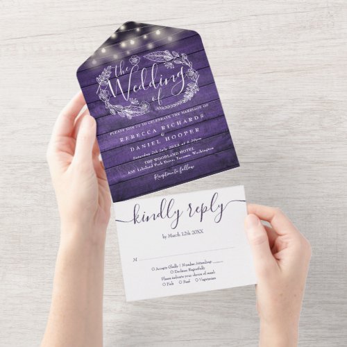 Rustic Purple Wood String Lights Floral Wedding All In One Invitation