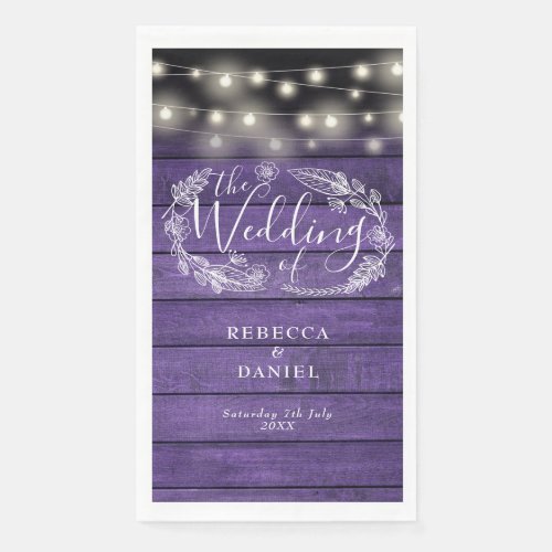 Rustic Purple Wood String Lights Floral Wedding Paper Guest Towels