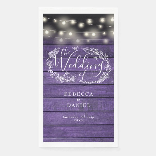 Rustic Purple Wood String Lights Floral Wedding Paper Guest Towels (Front)