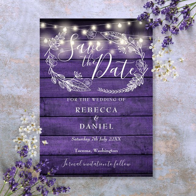 Rustic Purple Wood String Lights Floral Wedding Save The Date (Rustic Purple Wood String Lights Floral Wedding Save The Date)