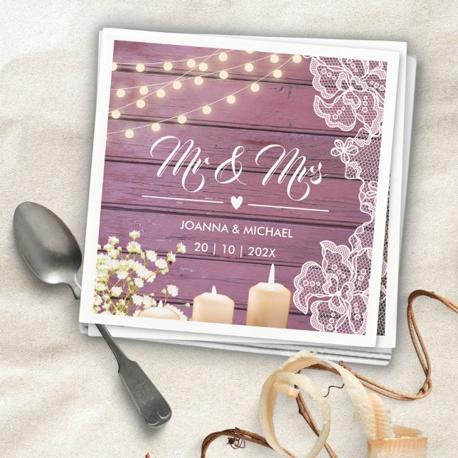 Rustic Purple Wood String Lights Lace Mr and Mrs Napkins (Creator Uploaded)