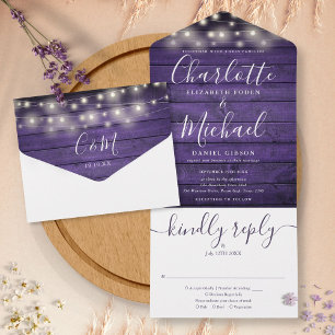 Rustic Purple Wood String Lights Monogram Wedding All In One Invitation
