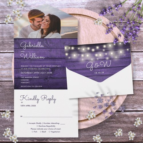 Rustic Purple Wood String Lights Photo Wedding All In One Invitation