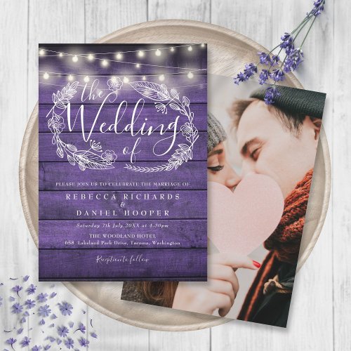 Rustic Purple Wood String Lights Photo Wedding Invitation
