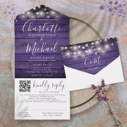 Rustic Purple Wood String Lights QR Code Wedding  All In One Invitation
