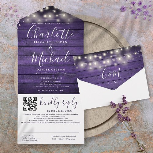 Rustic Purple Wood String Lights QR Code Wedding  All In One Invitation