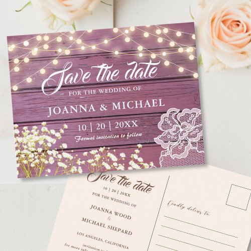 Rustic Purple Wood String Lights Save the Date  Postcard