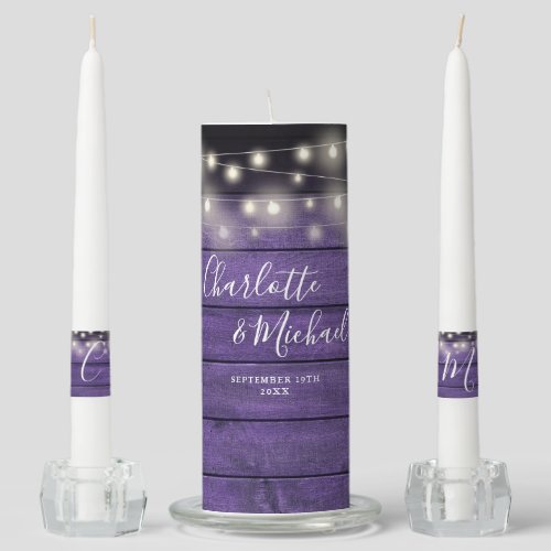 Rustic Purple Wood String Lights Script Wedding Unity Candle Set