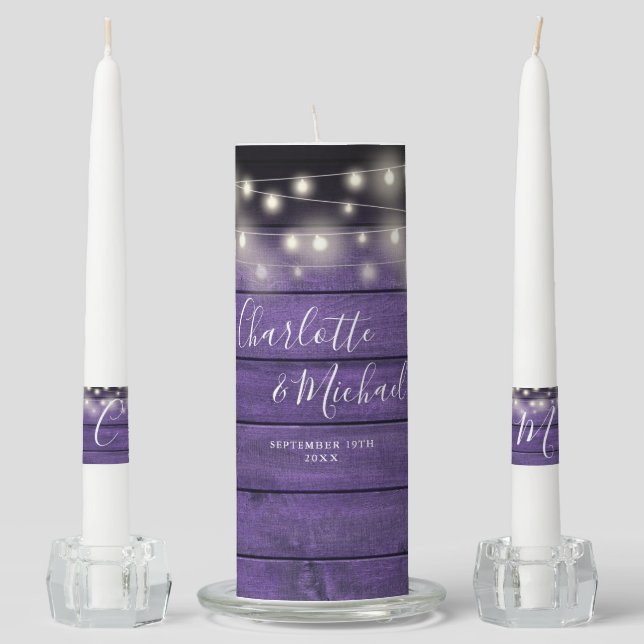 Rustic Purple Wood String Lights Script Wedding Unity Candle Set (Front)