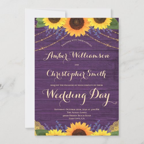 Rustic Purple Wood String Lights Sunflower Wedding Invitation