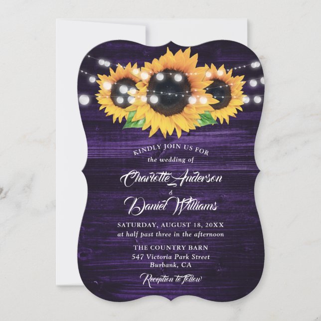Rustic Purple Wood String Lights Sunflower Wedding Invitation (Front)
