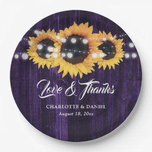 Rustic Purple Wood String Lights Sunflower Wedding Paper Plates