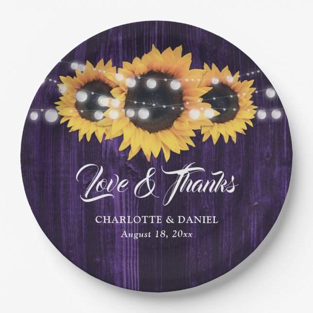 Rustic Purple Wood String Lights Sunflower Wedding Paper Plates (Front)