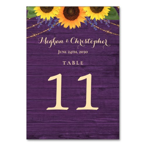 Rustic Purple Wood String Lights Sunflower Wedding Table Number