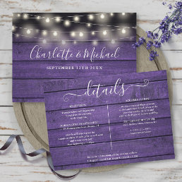 Rustic Purple Wood String Lights Wedding Details Invitation