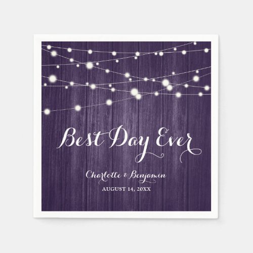 Rustic Purple Wood String Lights Wedding Napkins