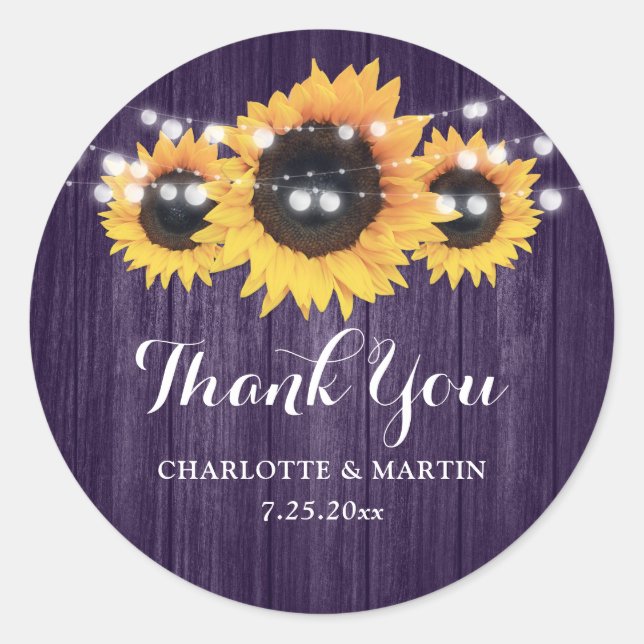 Rustic Purple Wood Sunflower Wedding Favor Classic Round Sticker (Front)