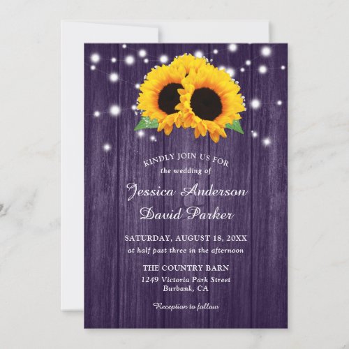 Rustic Purple Wood Sunflower Wedding Invitations