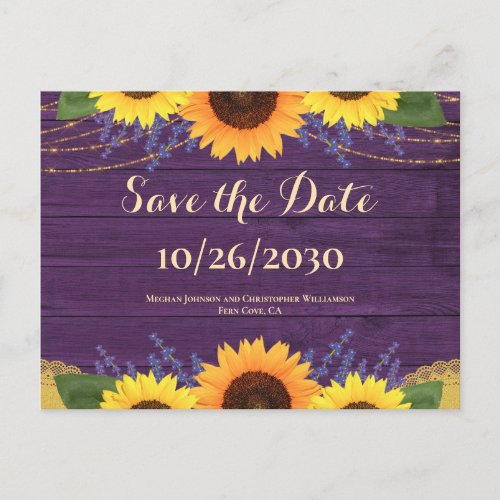 Rustic Purple Wood Sunflower Wedding Save the Date Postcard
