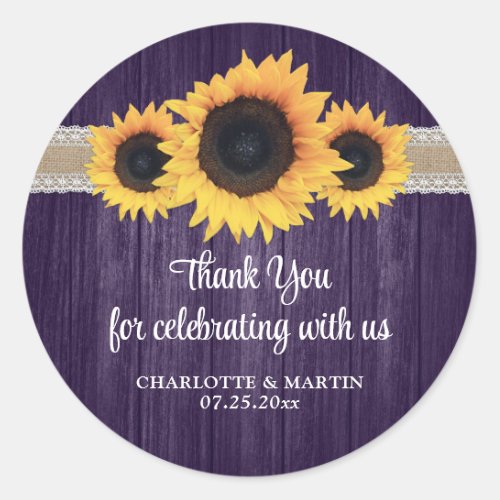 Rustic Purple Wood Sunflower Wedding Thank You Classic Round Sticker