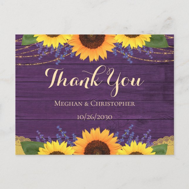 Rustic Purple Wood Sunflower Wedding Thank You Postcard (Front)