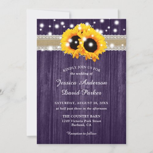 Rustic Purple Wood Sunflowers Wedding Invitations