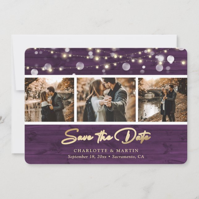 Rustic Purple Wood Wedding Photo Save The Date (Front)