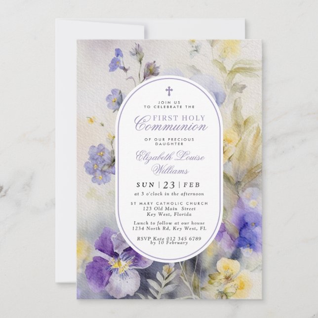 Rustic Purple & Yellow First Holy Communion Invitation (Front)
