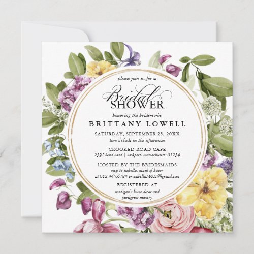 Rustic Purple Yellow Floral Greenery Bridal Shower Invitation