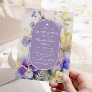 Rustic Purple & Yellow Flowers Christening Invitation