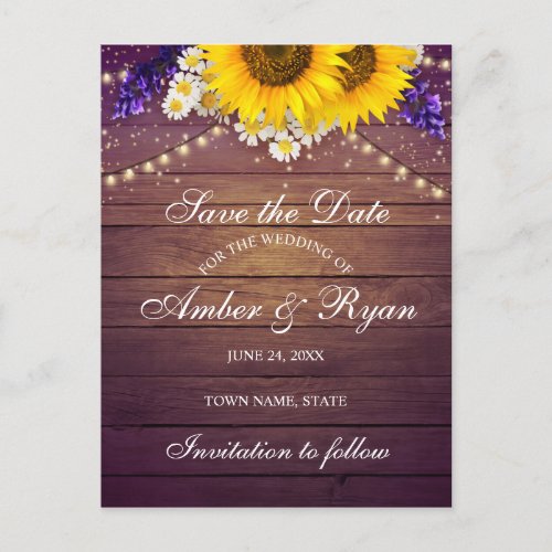 Rustic Purple Yellow Sunflower Floral Country Barn Announcement Postcard