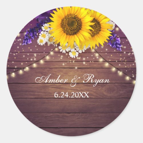 Rustic Purple Yellow Sunflower Floral Country Barn Classic Round Sticker