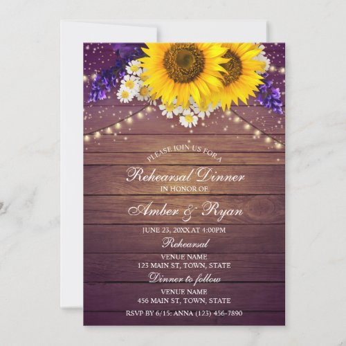 Rustic Purple Yellow Sunflower Floral Country Barn Invitation
