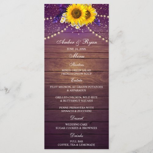 Rustic Purple Yellow Sunflower Floral Country Barn Menu
