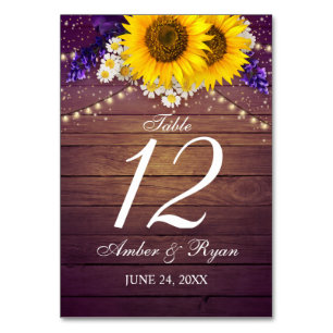 Rustic Purple Yellow Sunflower Floral Country Barn Table Number