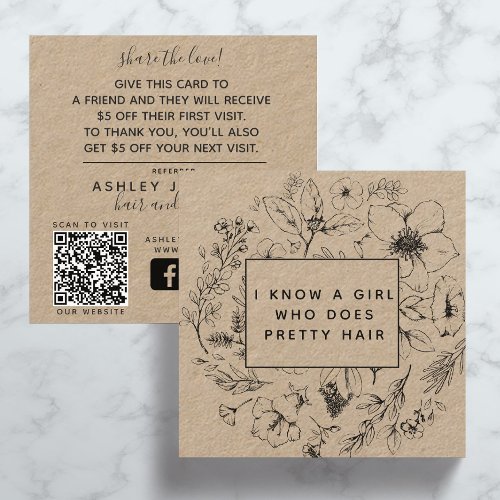 Rustic QR Code Botanical Kraft Black Referral Card