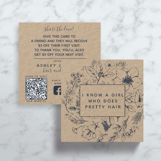 Customizable Rustic QR Code Botanical Kraft Navy Blue Referral Square Business Card